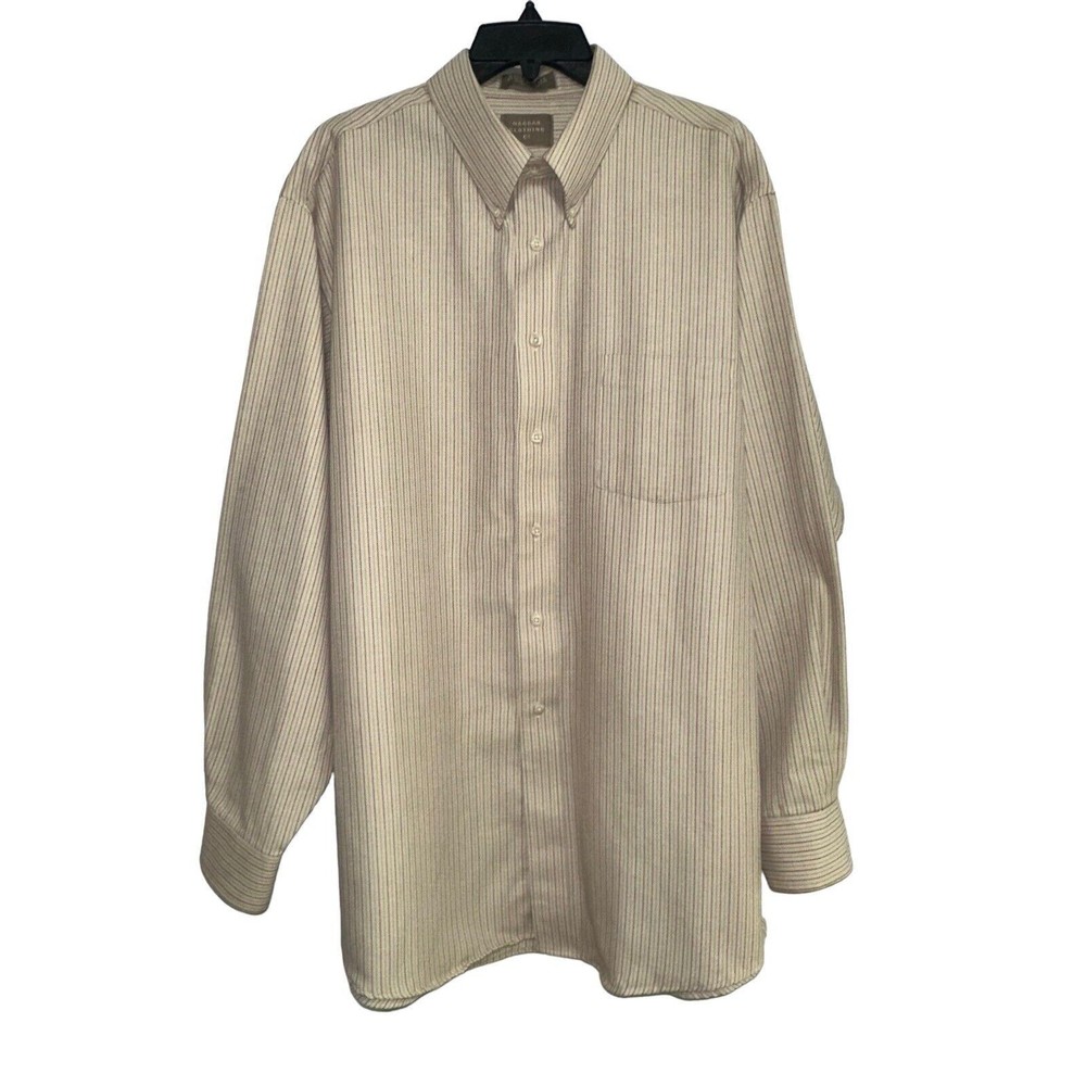 Haggar Button-Up Shirt Men's Size 17.5 34/35 Brown Long Sleeve‎ Striped Cotton